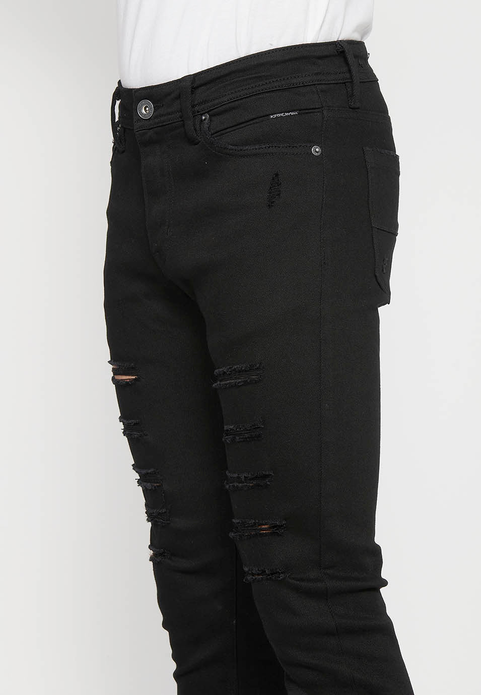 Pantalón Hombre Vaquero Super Skinny Fit con Rotos – Koroshi Negro