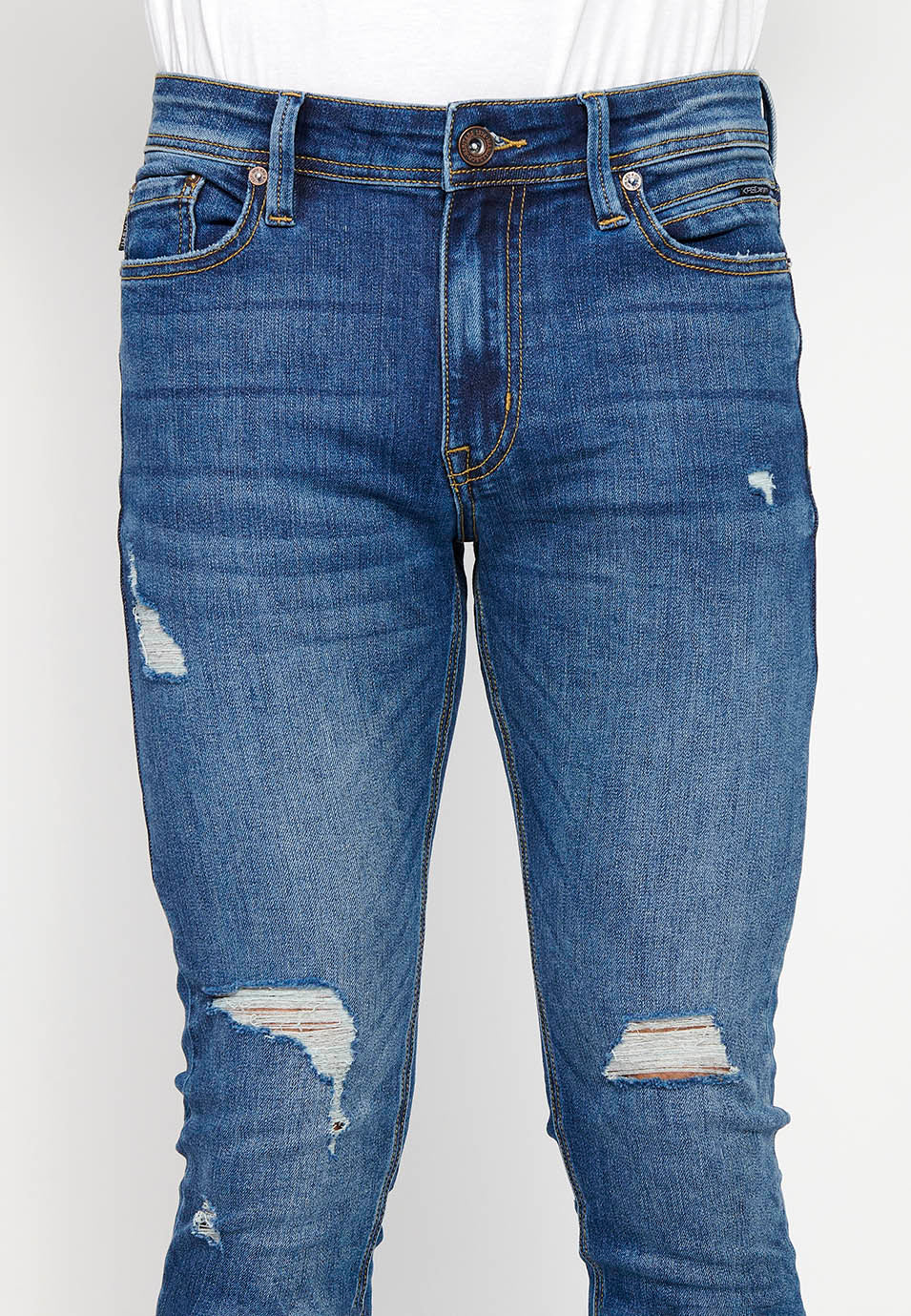 Pantalón Hombre Vaquero Super Skinny Fit con Rotos – Koroshi Azul Medio