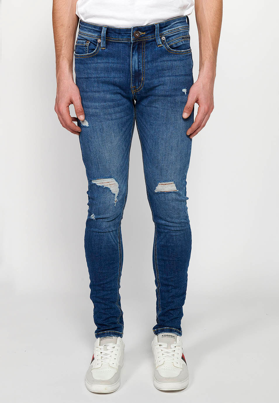 Pantalón Hombre Vaquero Super Skinny Fit con Rotos – Koroshi Azul Medio