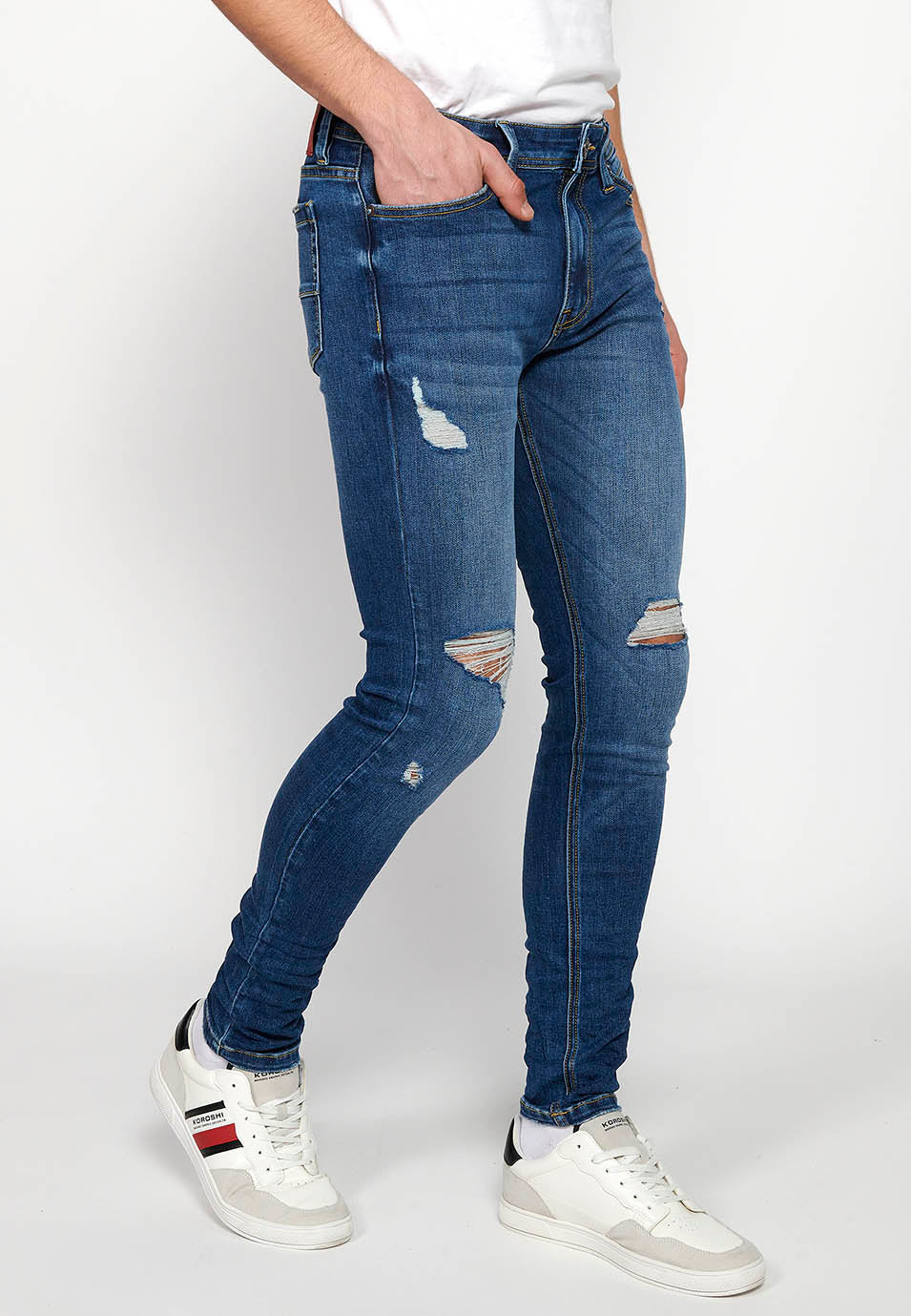 Pantalón Hombre Vaquero Super Skinny Fit con Rotos – Koroshi Azul Medio