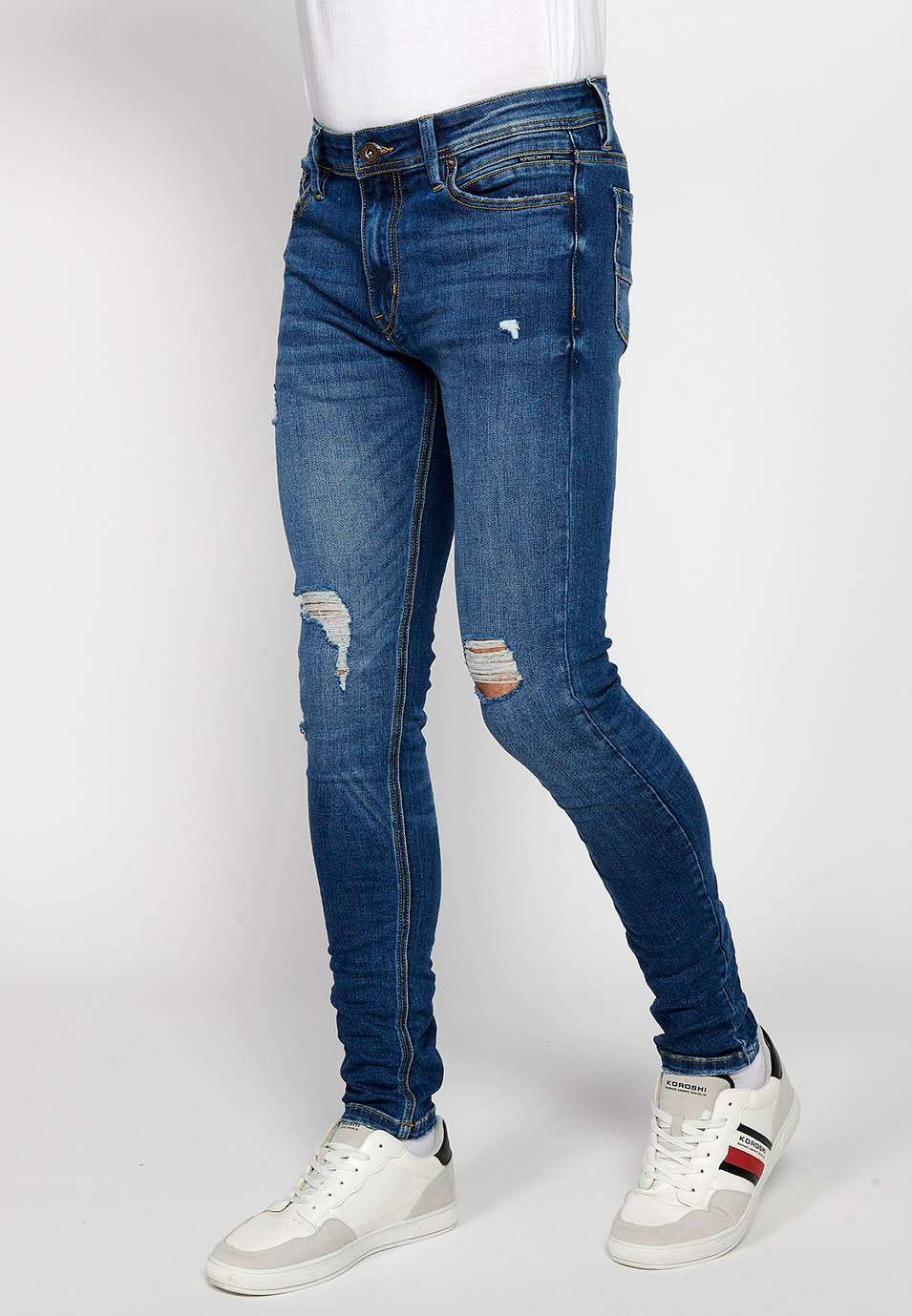 Pantalón Hombre Vaquero Super Skinny Fit con Rotos – Koroshi Azul Medio
