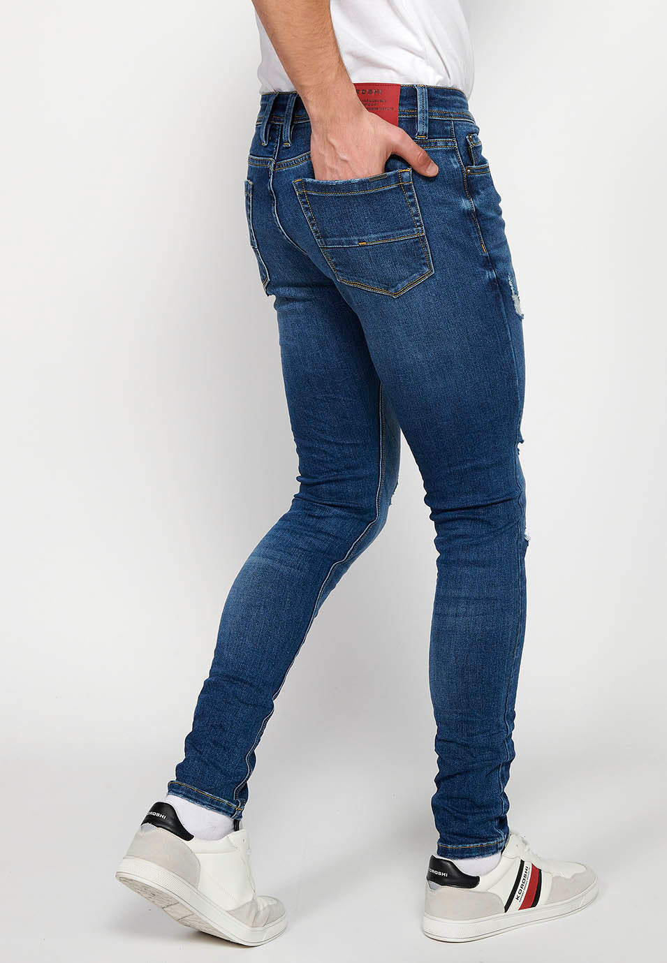 Pantalón Hombre Vaquero Super Skinny Fit con Rotos – Koroshi Azul Medio