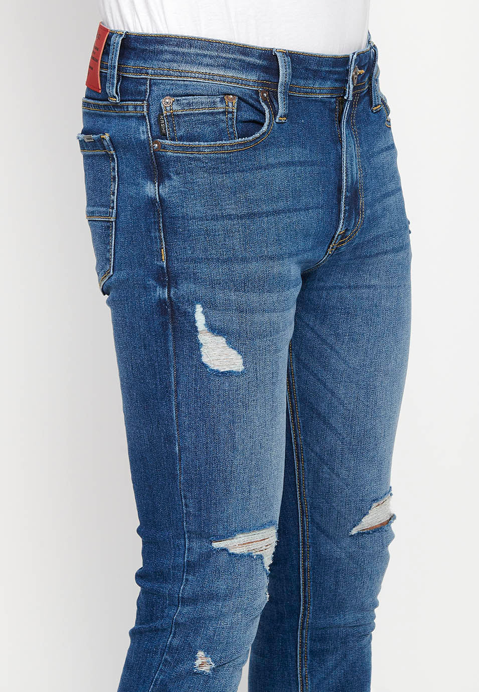 Pantalón Hombre Vaquero Super Skinny Fit con Rotos – Koroshi Azul Medio