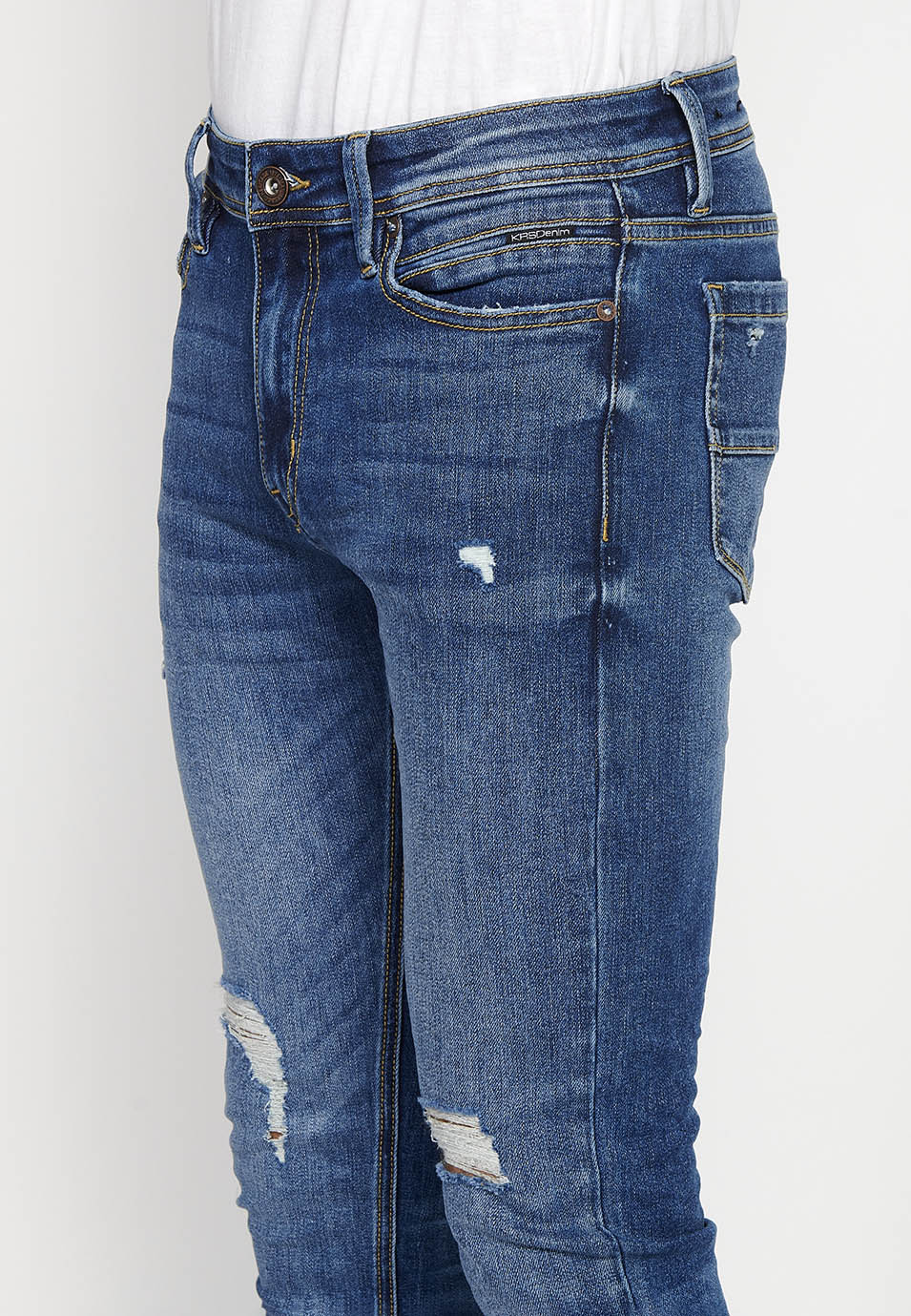 Pantalón Hombre Vaquero Super Skinny Fit con Rotos – Koroshi Azul Medio