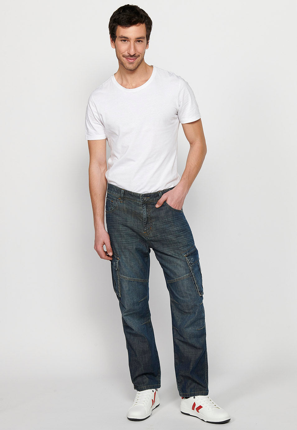 Pantalón Hombre Vaquero Cargo Azul Oscuro Corte Recto – Koroshi