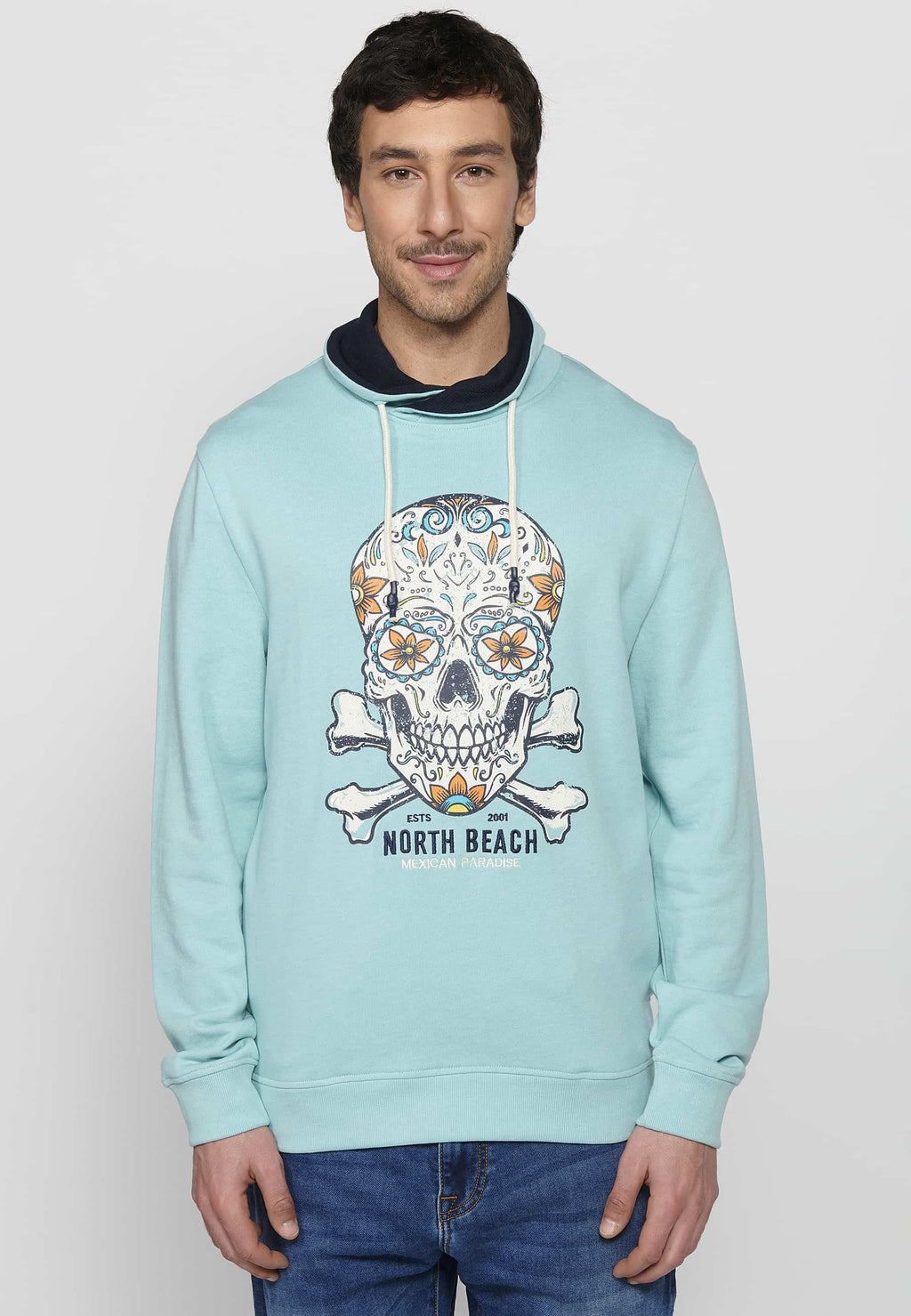 Sudadera Hombre cuello alto ajustable con cordón y estampado – Koroshi Azul Celeste