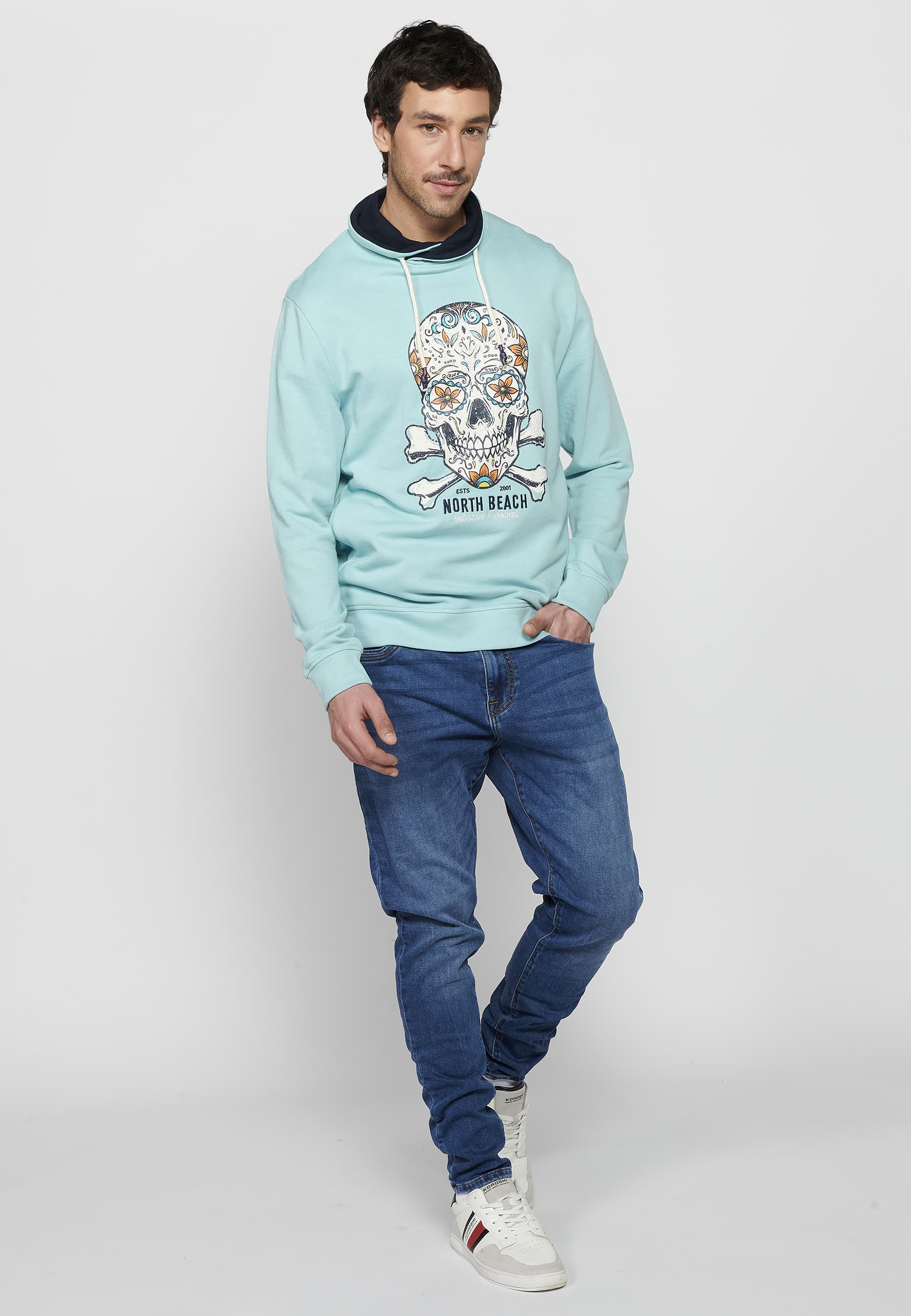 Sudadera Hombre cuello alto ajustable con cordón y estampado – Koroshi Azul Celeste