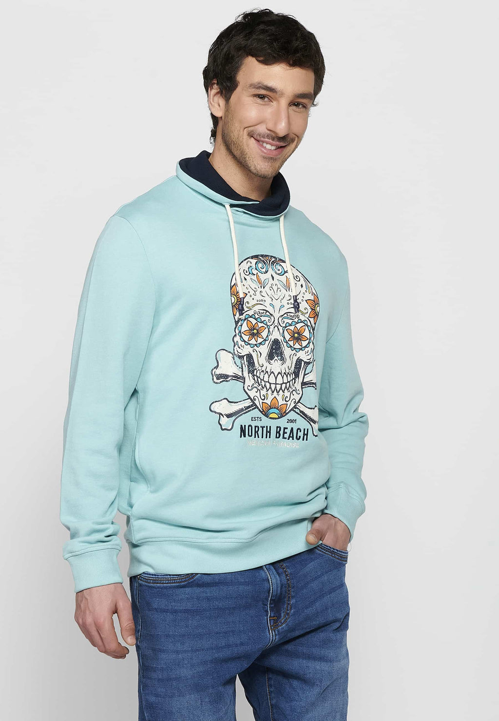 Sudadera Hombre cuello alto ajustable con cordón y estampado – Koroshi Azul Celeste