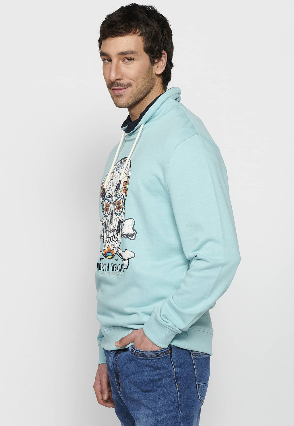 Sudadera Hombre cuello alto ajustable con cordón y estampado – Koroshi Azul Celeste