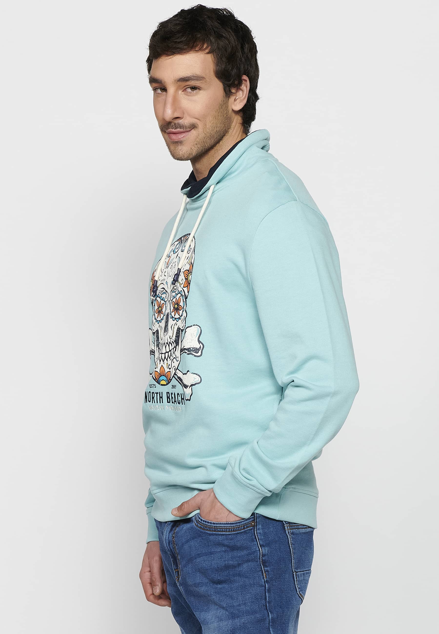 Sudadera Hombre cuello alto ajustable con cordón y estampado – Koroshi Azul Celeste