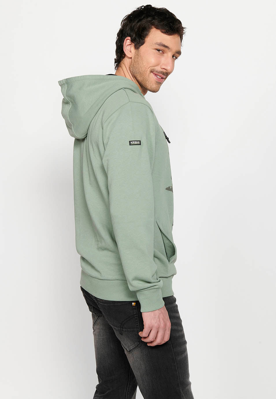 Sudadera Hombre cuello cruzado con capucha y estampado – Koroshi Kaki