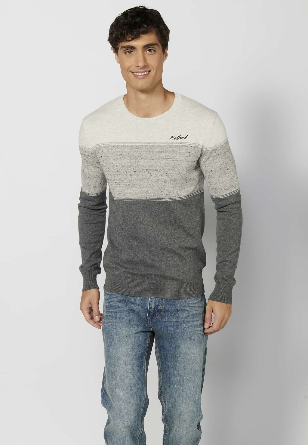 Jersey Hombre Cuello Redondo Punto Fino a Rayas – Koroshi Gris