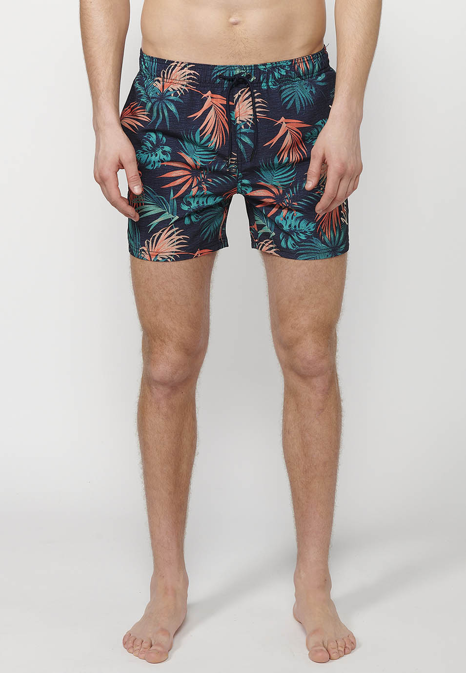 Bañador Hombre corto estampado tropical con cordón – Koroshi navy