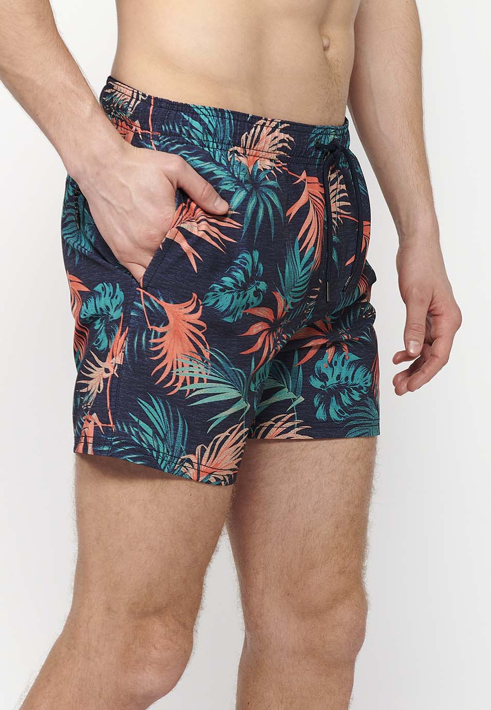 Bañador Hombre corto estampado tropical con cordón – Koroshi navy