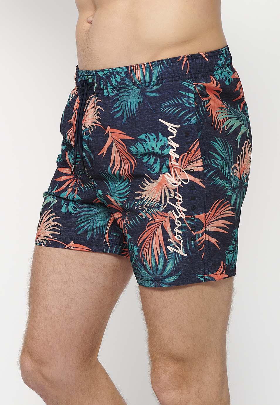 Bañador Hombre corto estampado tropical con cordón – Koroshi navy