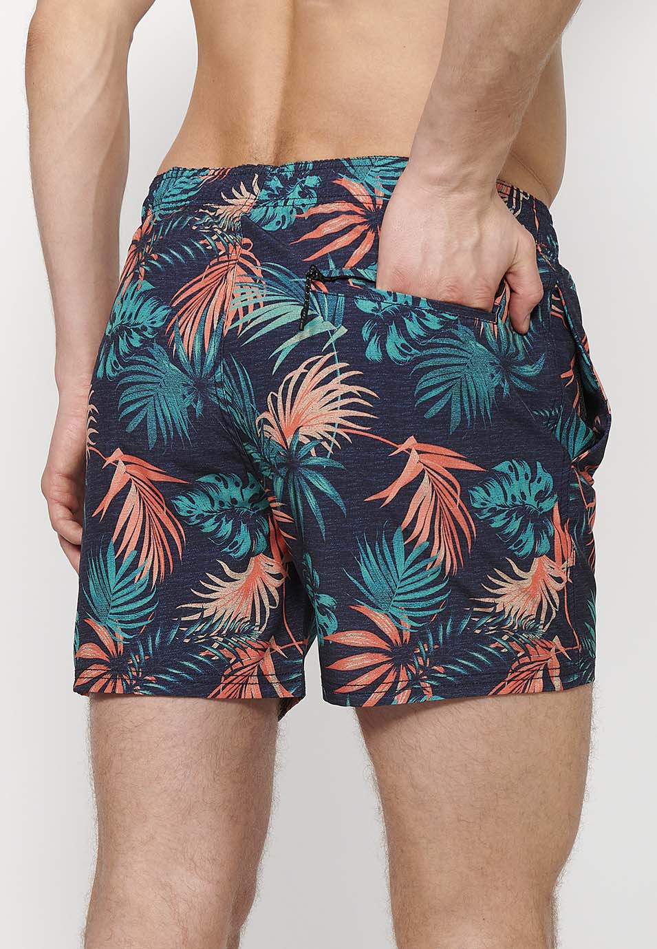 Bañador Hombre corto estampado tropical con cordón – Koroshi navy