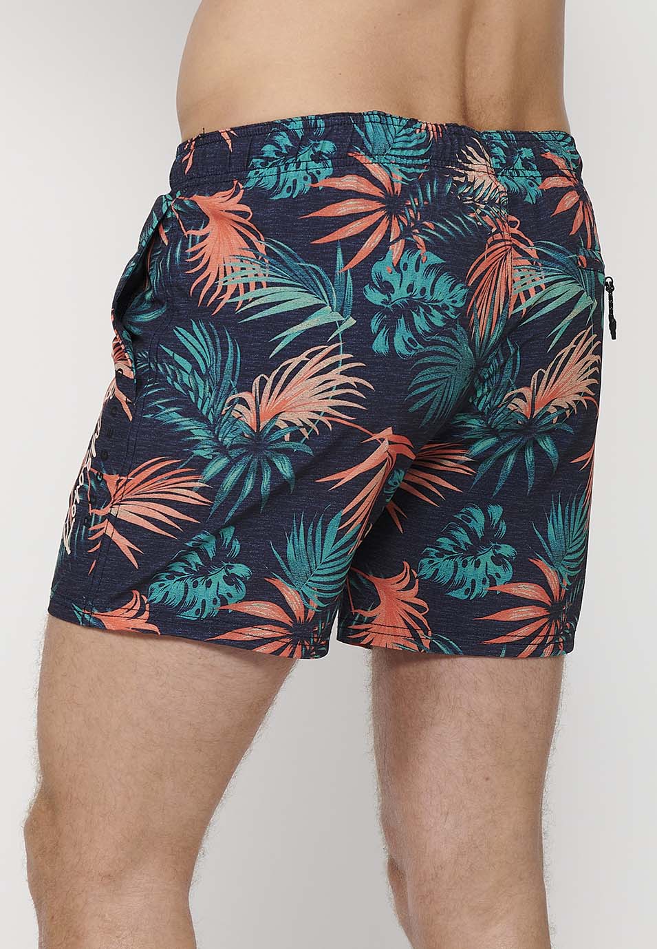 Bañador Hombre corto estampado tropical con cordón – Koroshi navy