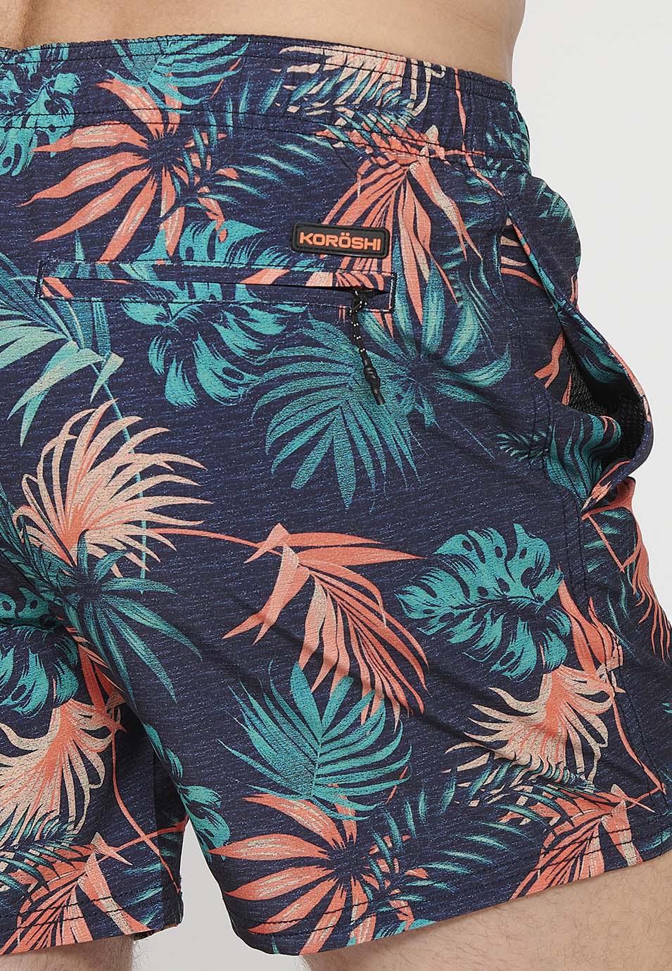 Bañador Hombre corto estampado tropical con cordón – Koroshi navy