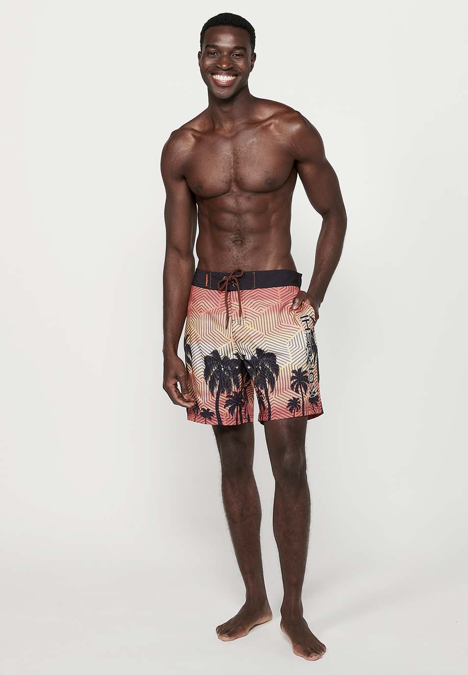 Bañador Hombre surfero estampado de palmeras con cordón – Koroshi melocotón