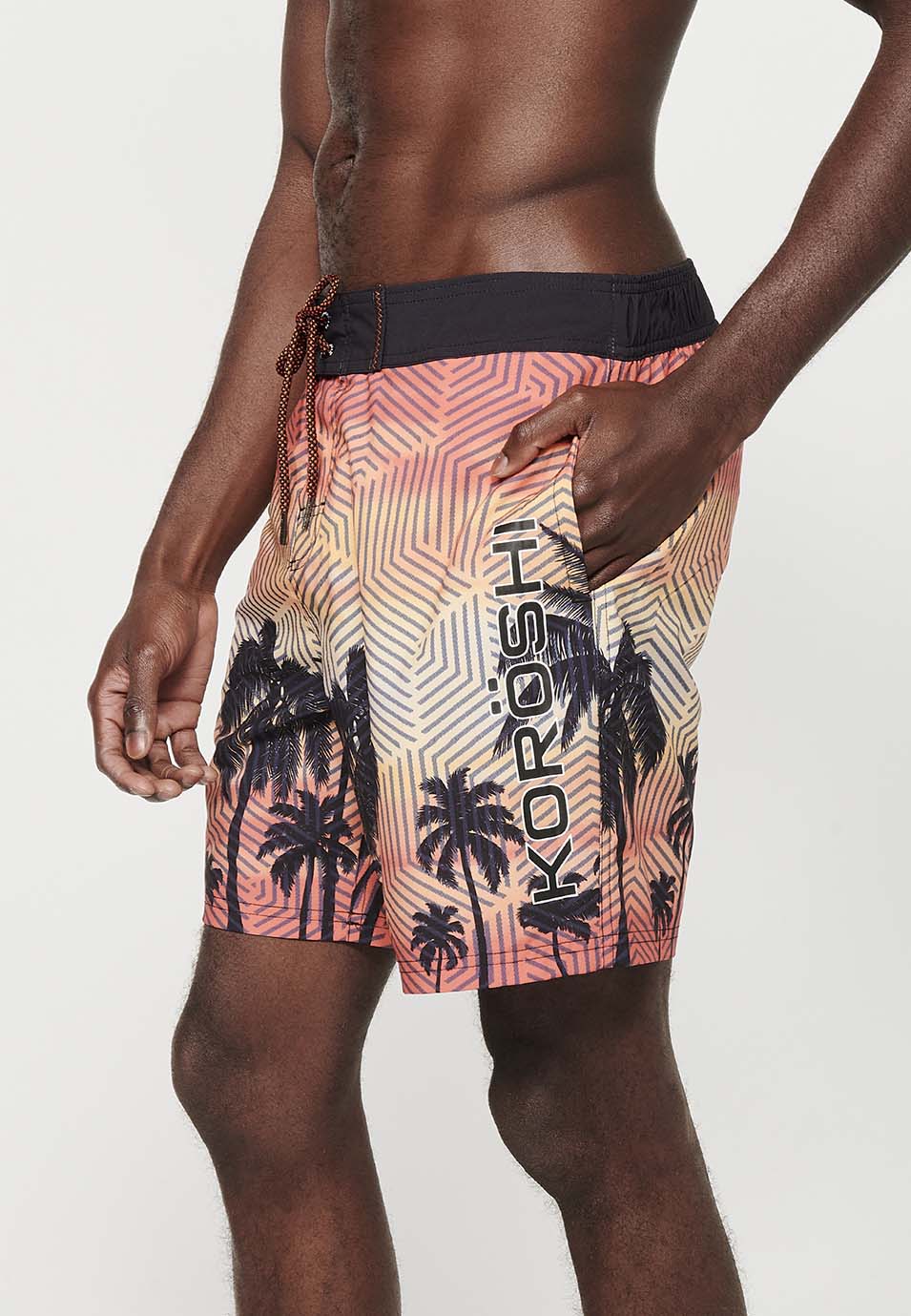 Bañador Hombre surfero estampado de palmeras con cordón – Koroshi melocotón