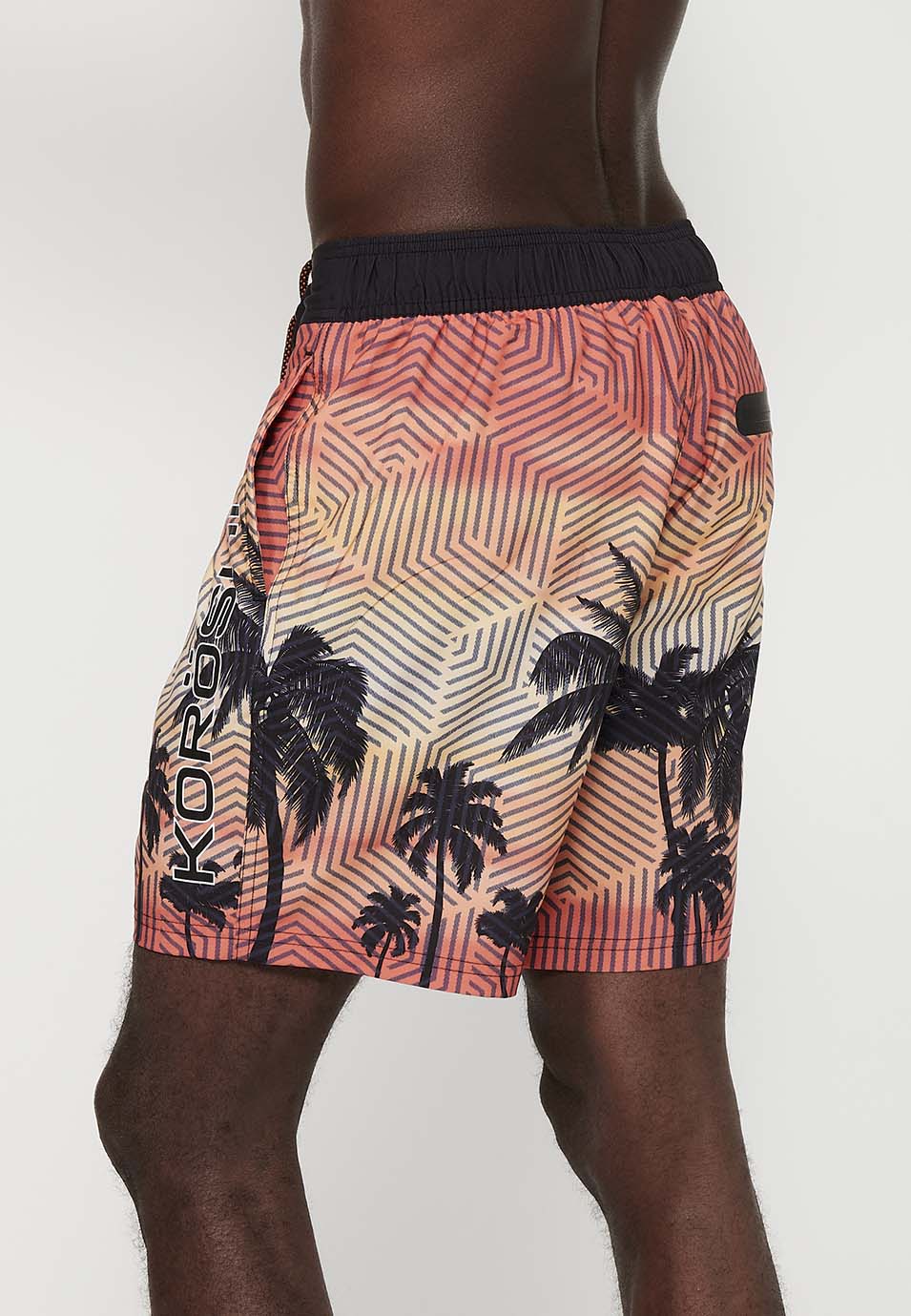Bañador Hombre surfero estampado de palmeras con cordón – Koroshi melocotón