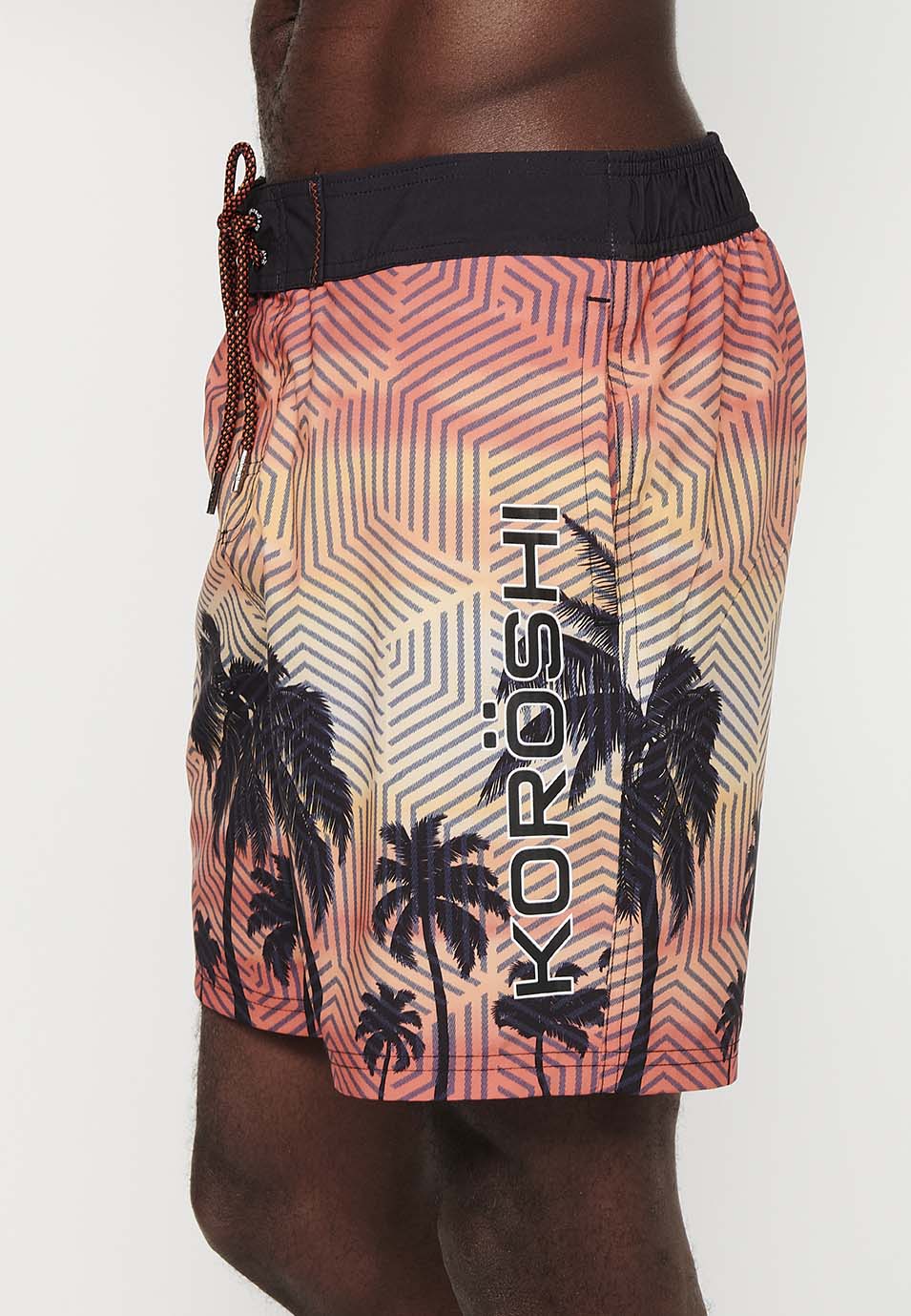 Bañador Hombre surfero estampado de palmeras con cordón – Koroshi melocotón