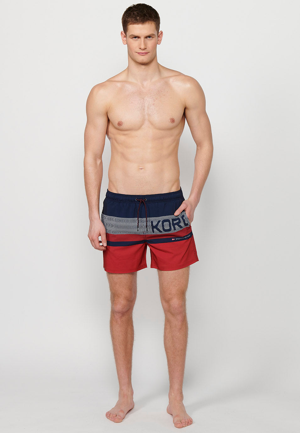 Bañador Hombre corto estampado de bloques con cordón – Koroshi navy