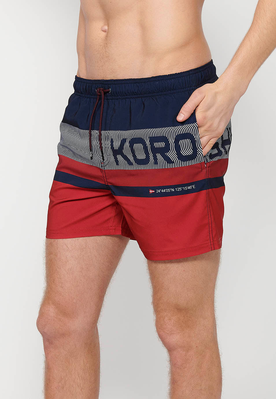 Bañador Hombre corto estampado de bloques con cordón – Koroshi navy
