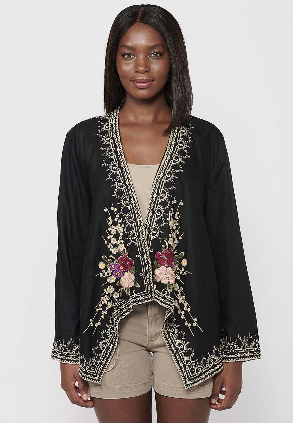 Chaqueta Mujer Abierta Bordado Floral – Koroshi Negro