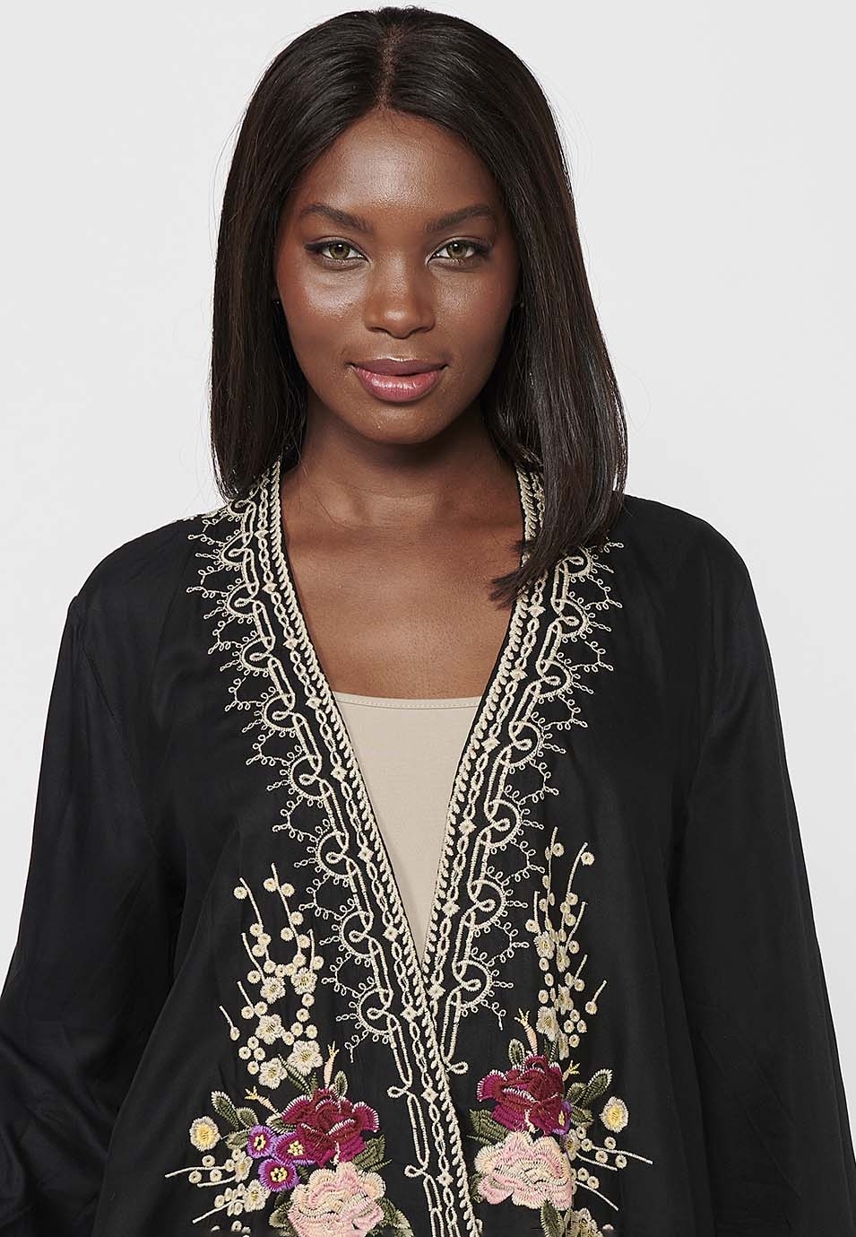Chaqueta Mujer Abierta Bordado Floral – Koroshi Negro
