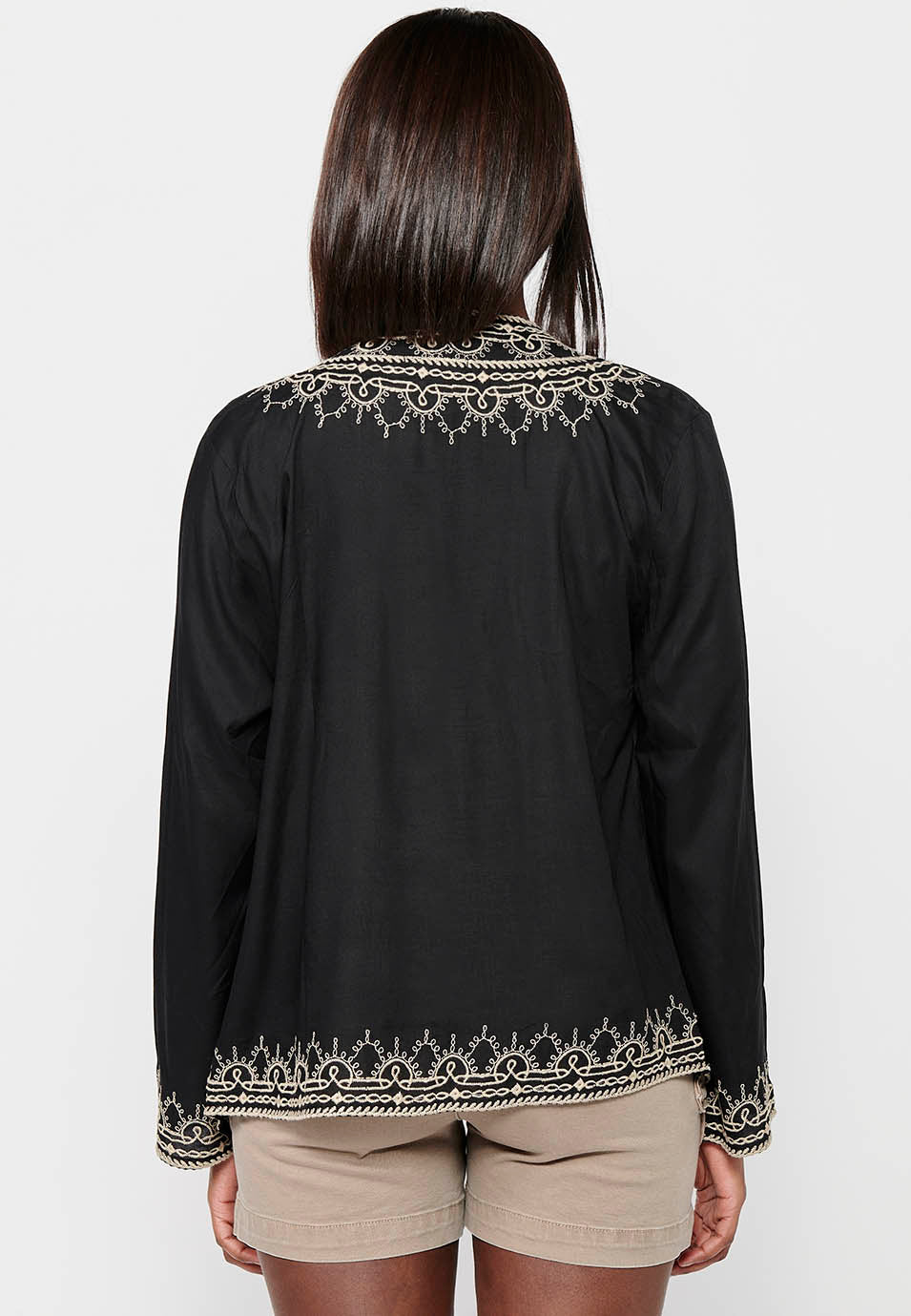 Chaqueta Mujer Abierta Bordado Floral – Koroshi Negro