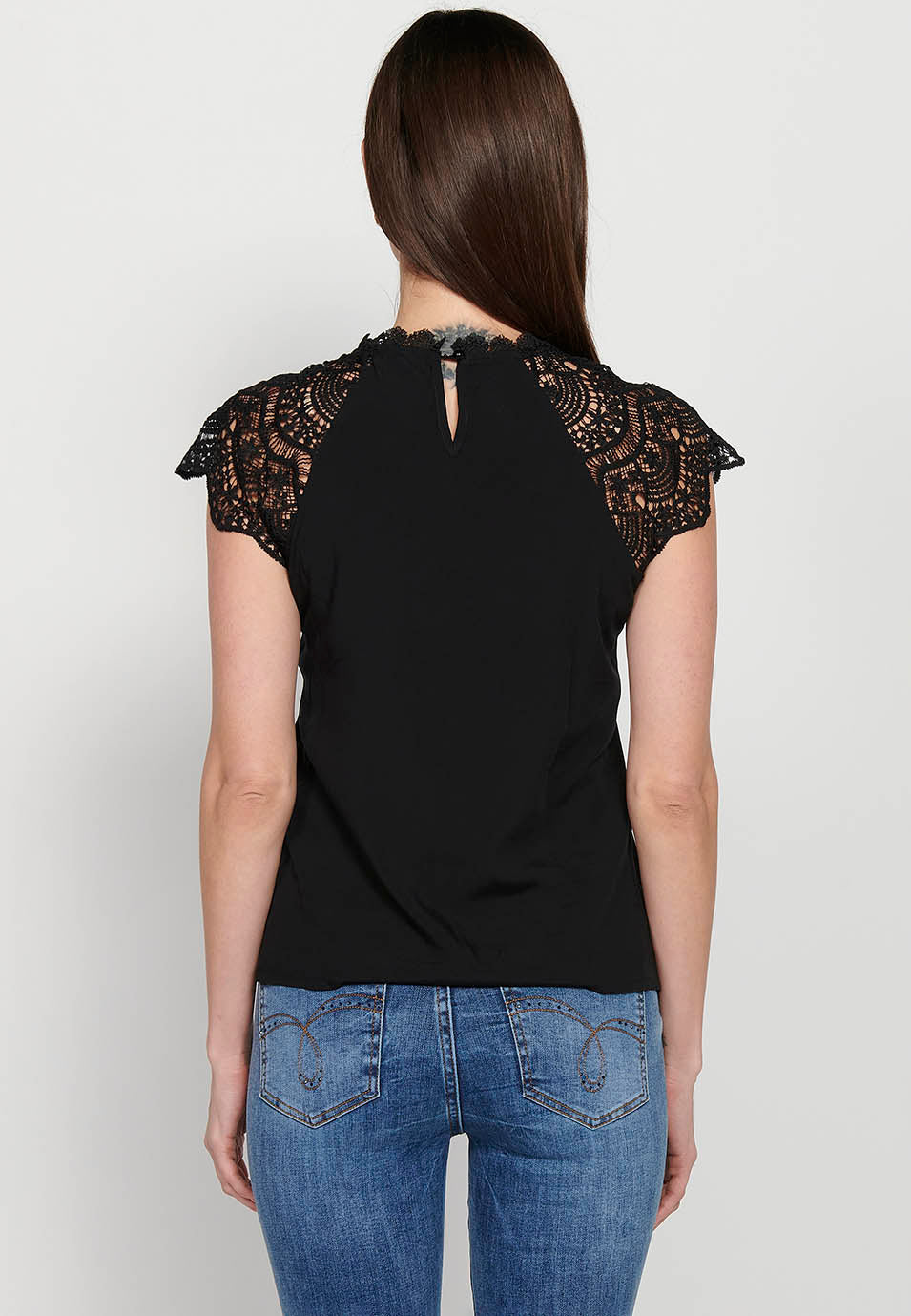 Blusa Mujer Sin Mangas Blonda Escote Redondo – Koroshi Negro