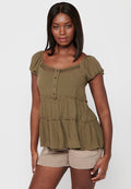 Blusa Mujer Manga Corta Escote Barco Botones – Koroshi Kaki