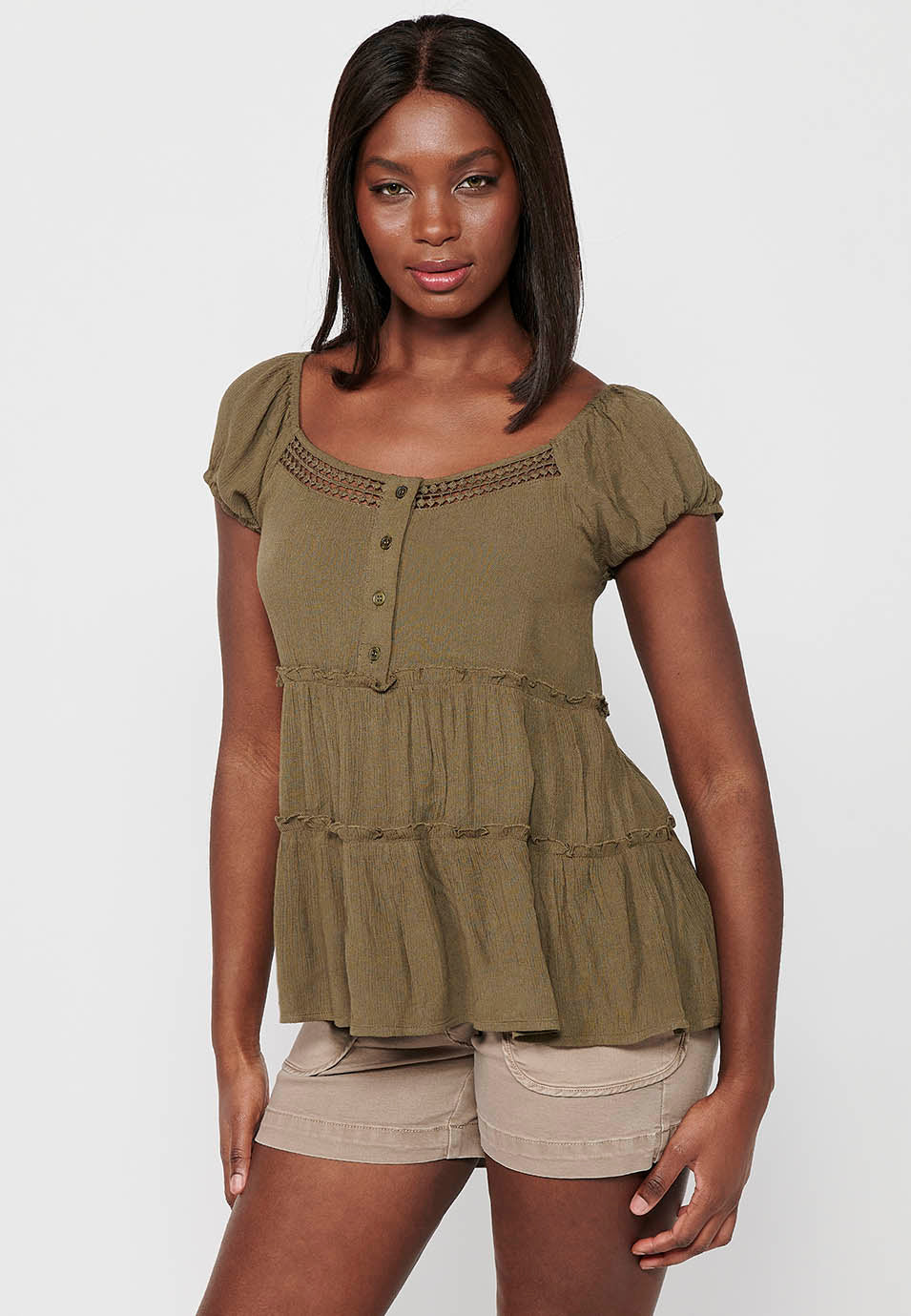 Blusa Mujer Manga Corta Escote Barco Botones – Koroshi Kaki