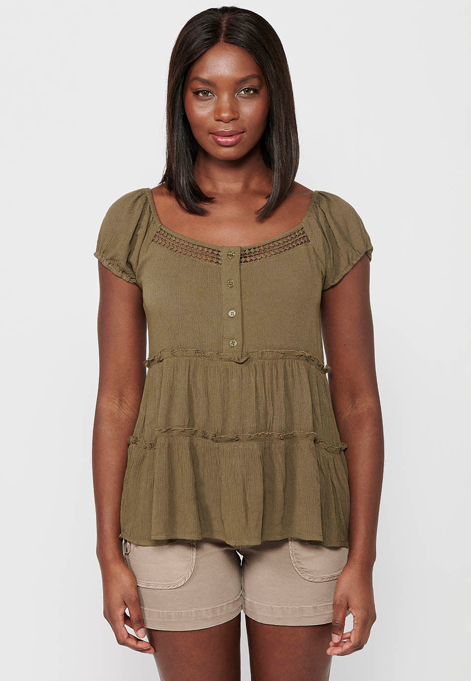 Blusa Mujer Manga Corta Escote Barco Botones – Koroshi Kaki