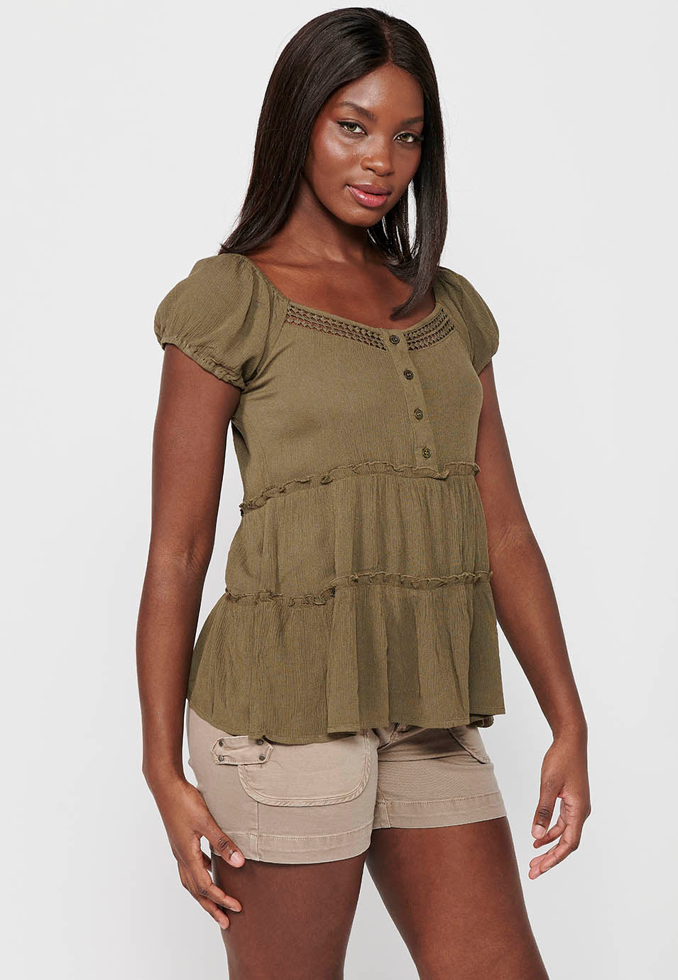 Blusa Mujer Manga Corta Escote Barco Botones – Koroshi Kaki