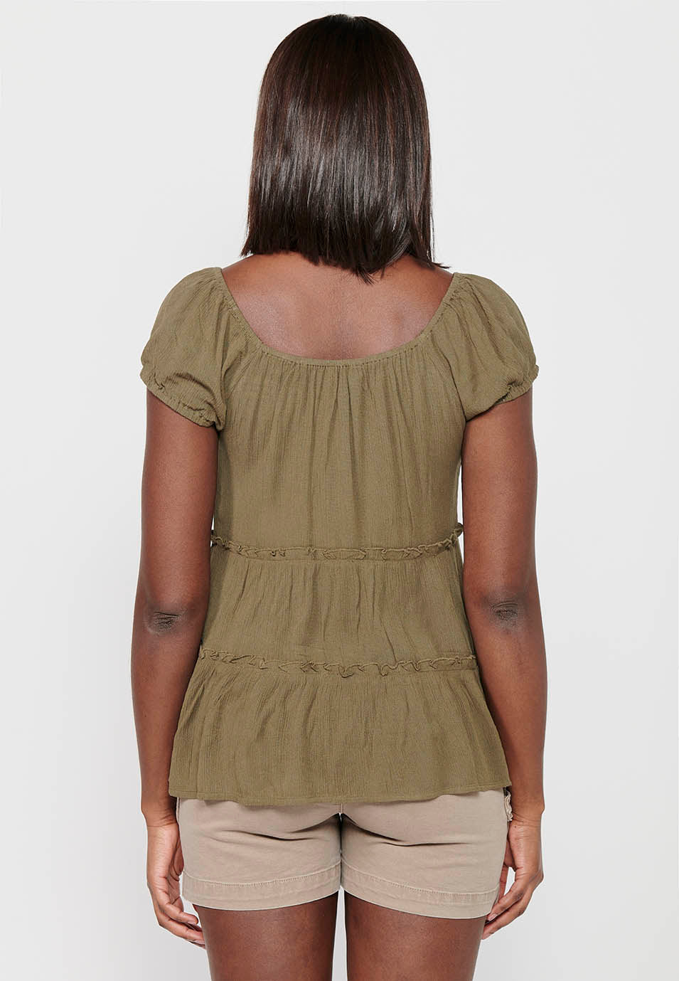 Blusa Mujer Manga Corta Escote Barco Botones – Koroshi Kaki