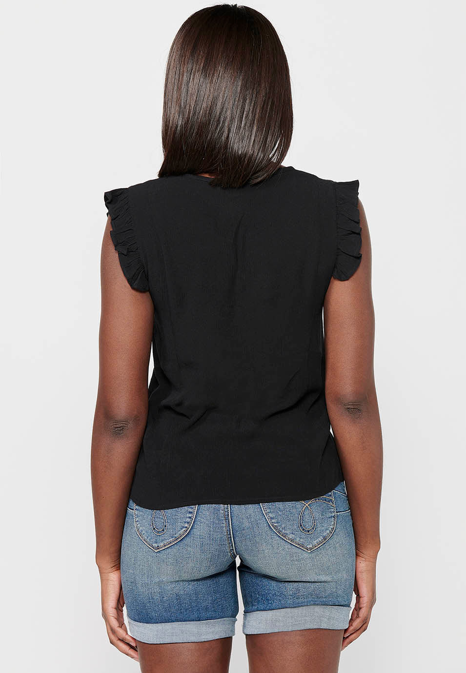 Blusa sin mangas con mini volante en los hombros y en la parte delantera bordado floral para mujer | moda actual