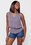 Blusa holgada sin mangas de cuello redondo abierto con estampado floral y cintura baja ajustada con goma elástica de multicolor para mujer | moda actual