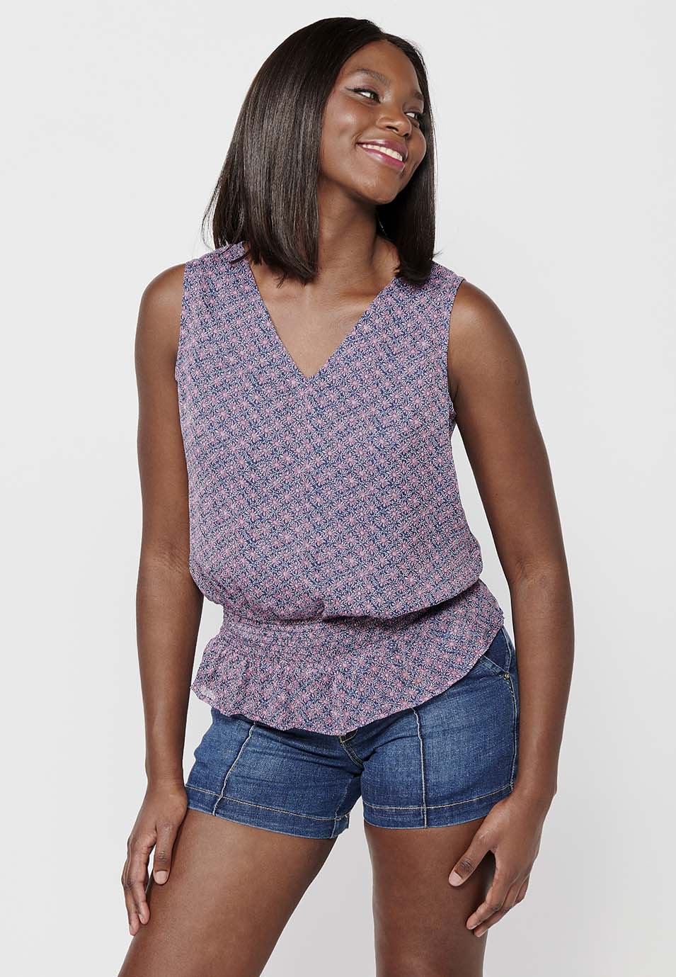 Blusa holgada sin mangas de cuello redondo abierto con estampado floral y cintura baja ajustada con goma elástica de multicolor para mujer | moda actual