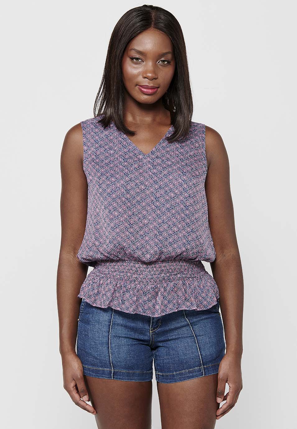 Blusa holgada sin mangas de cuello redondo abierto con estampado floral y cintura baja ajustada con goma elástica de multicolor para mujer | moda actual