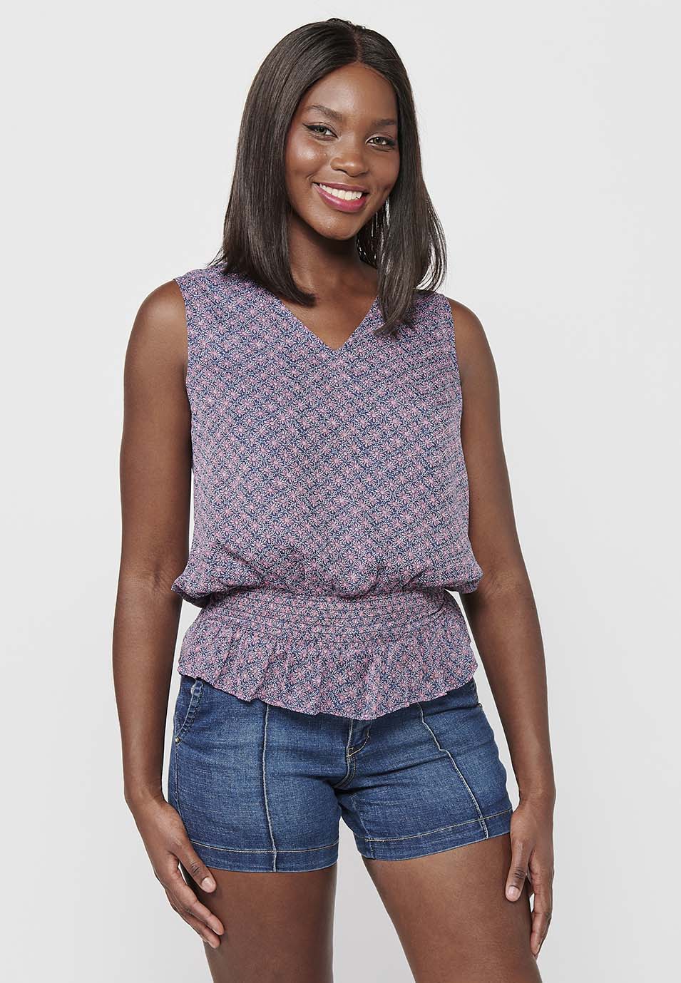 Blusa holgada sin mangas de cuello redondo abierto con estampado floral y cintura baja ajustada con goma elástica de multicolor para mujer | moda actual