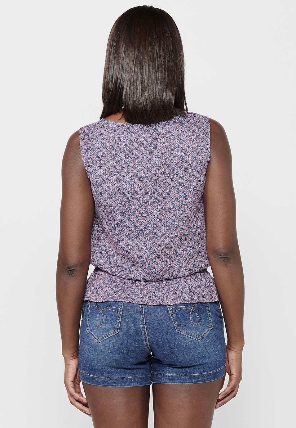 Blusa holgada sin mangas de cuello redondo abierto con estampado floral y cintura baja ajustada con goma elástica de multicolor para mujer | moda actual
