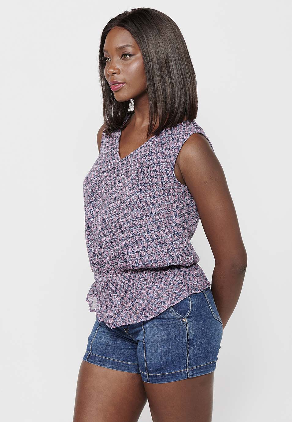 Blusa holgada sin mangas de cuello redondo abierto con estampado floral y cintura baja ajustada con goma elástica de multicolor para mujer | moda actual