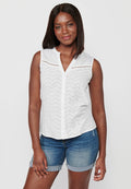 Blusa sin mangas con cuello camisero y blonda floral para mujer | moda actual