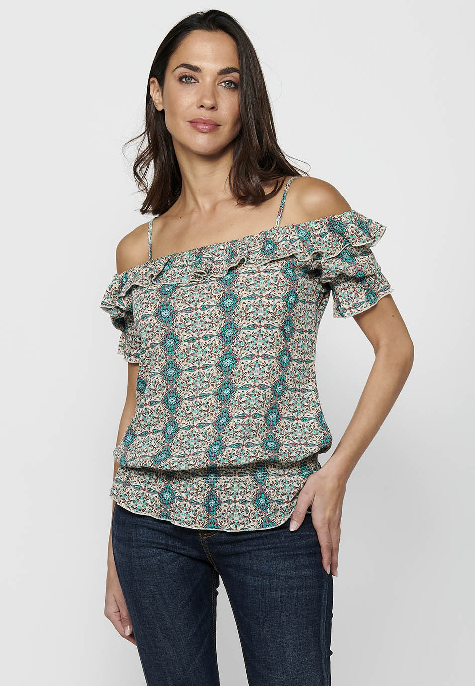 Blusa de manga corta con tirantes en los hombros y estampado floral para mujer | moda actual