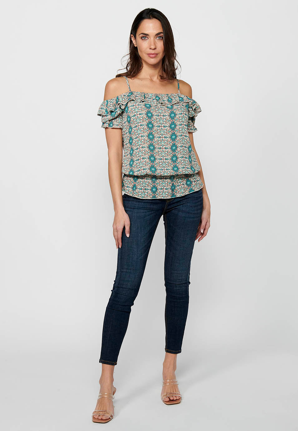Blusa de manga corta con tirantes en los hombros y estampado floral para mujer | moda actual