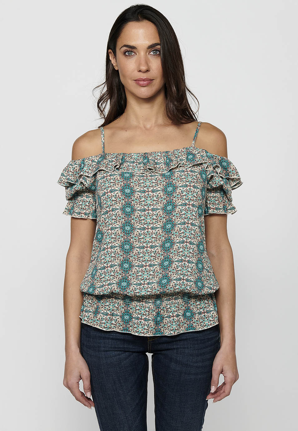 Blusa de manga corta con tirantes en los hombros y estampado floral para mujer | moda actual