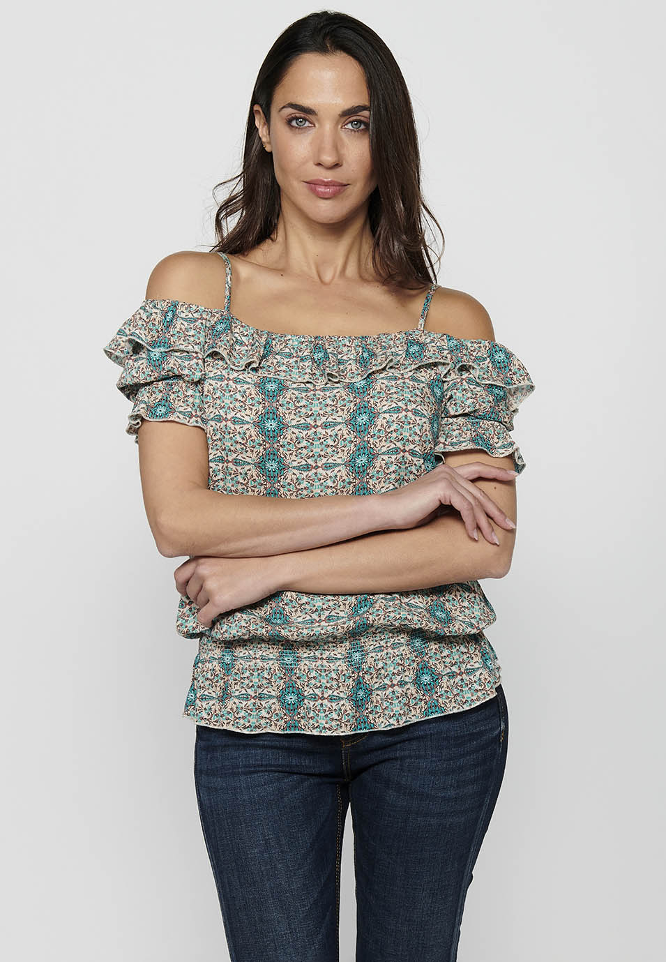 Blusa de manga corta con tirantes en los hombros y estampado floral para mujer | moda actual