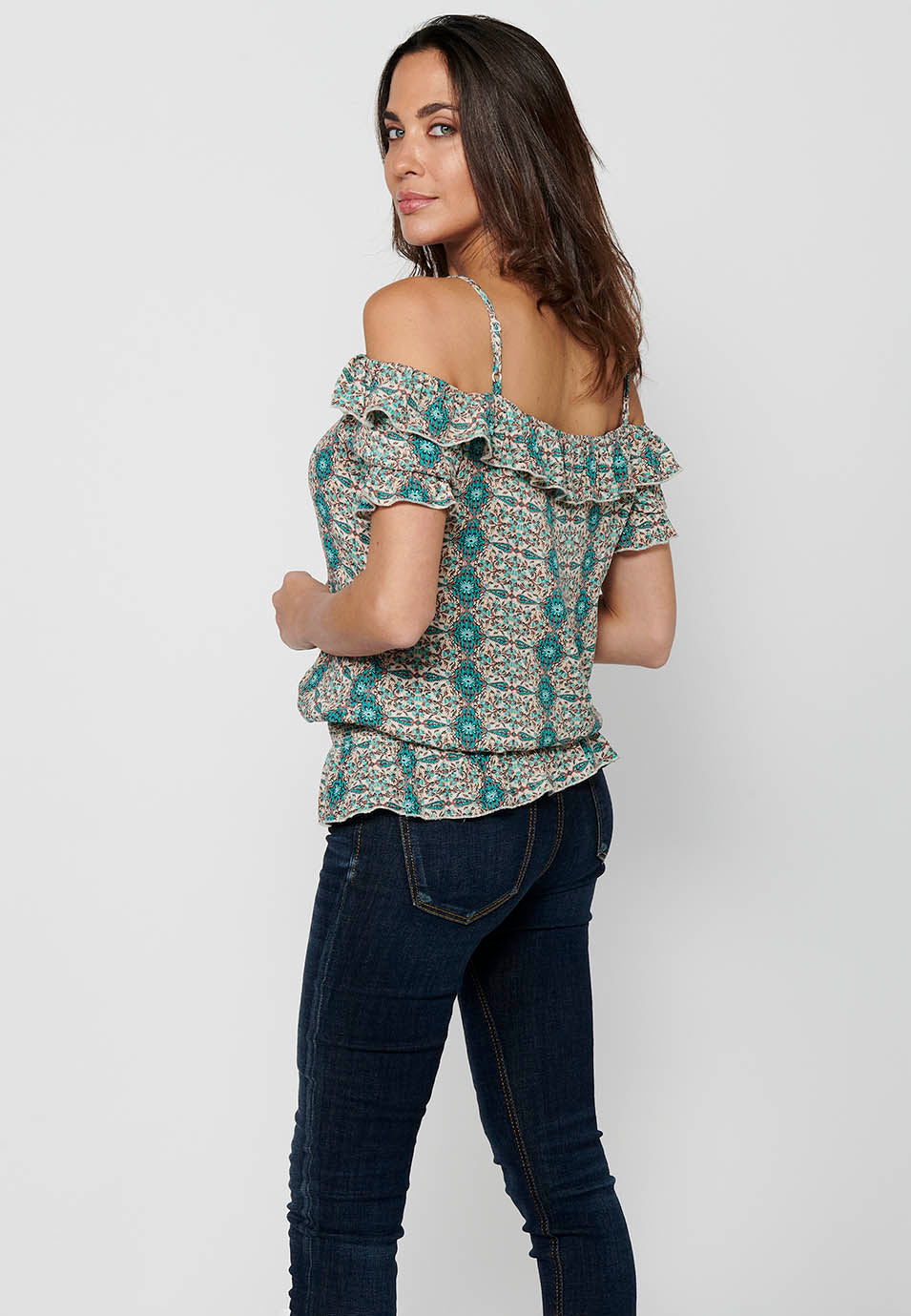 Blusa de manga corta con tirantes en los hombros y estampado floral para mujer | moda actual